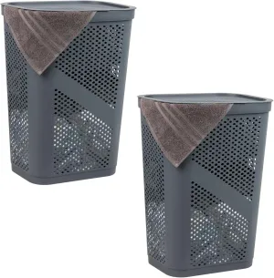 Mind Reader 60L Slim Laundry Hamper, Clothes Basket, Lid, Ventilated, Plastic, 17.25"L x 13.75"W x 23.5"H, Set of 2, Gray