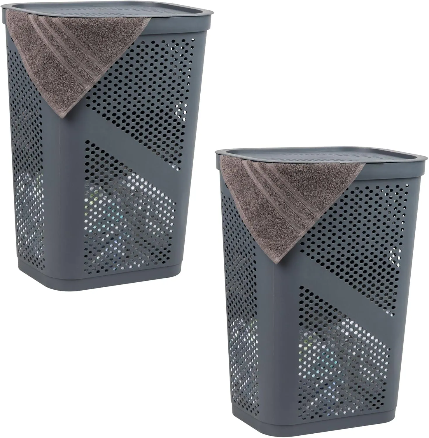 Mind Reader 60L Slim Laundry Hamper, Clothes Basket, Lid, Ventilated, Plastic, 17.25"L x 13.75"W x 23.5"H, Set of 2, Gray