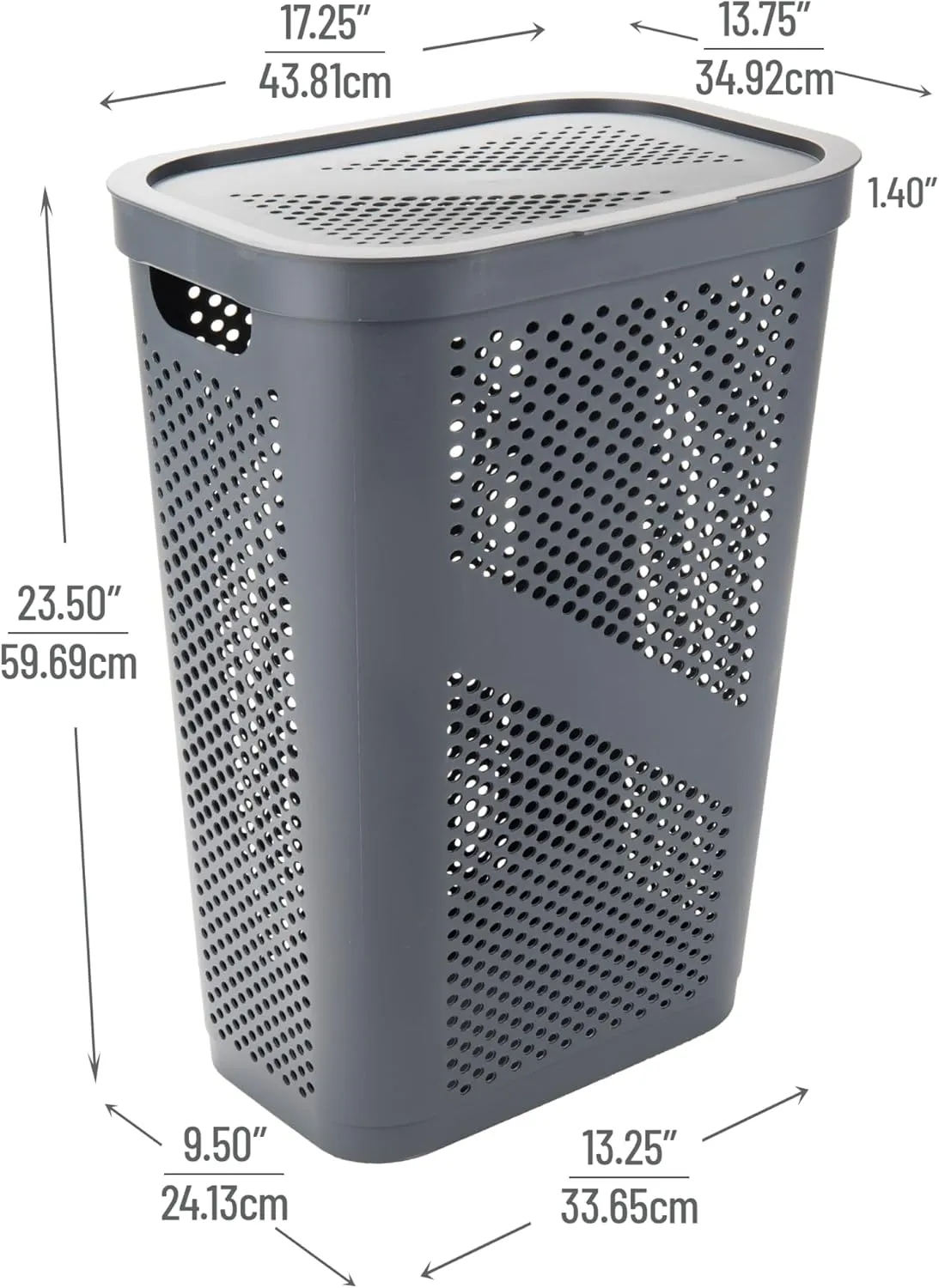 Mind Reader 60L Slim Laundry Hamper, Clothes Basket, Lid, Ventilated, Plastic, 17.25"L x 13.75"W x 23.5"H, Set of 2, Gray
