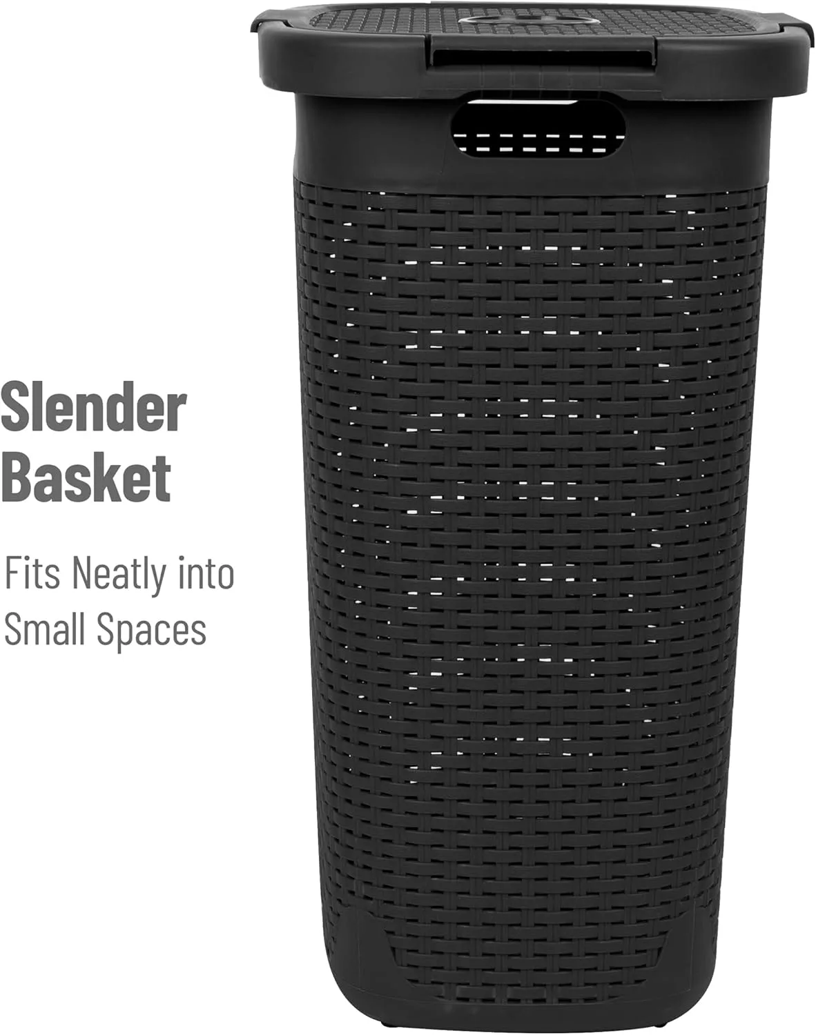 Mind Reader 60L Slim Laundry Hamper, Clothes Basket, Lid, Wicker Design, Plastic, 17.65"L x 13.75"W x 24.15"H, Black