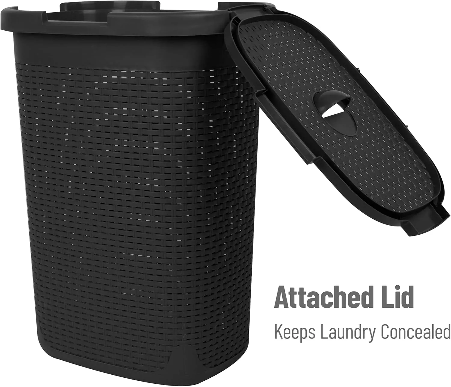Mind Reader 60L Slim Laundry Hamper, Clothes Basket, Lid, Wicker Design, Plastic, 17.65"L x 13.75"W x 24.15"H, Black
