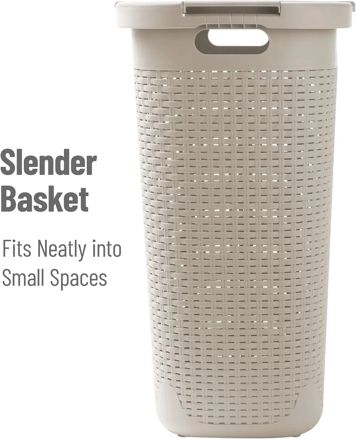 Mind Reader 60L Slim Laundry Hamper, Clothes Basket, Lid, Wicker Design, Plastic, 17.65"L x 13.75"W x 24.15"H, Ivory
