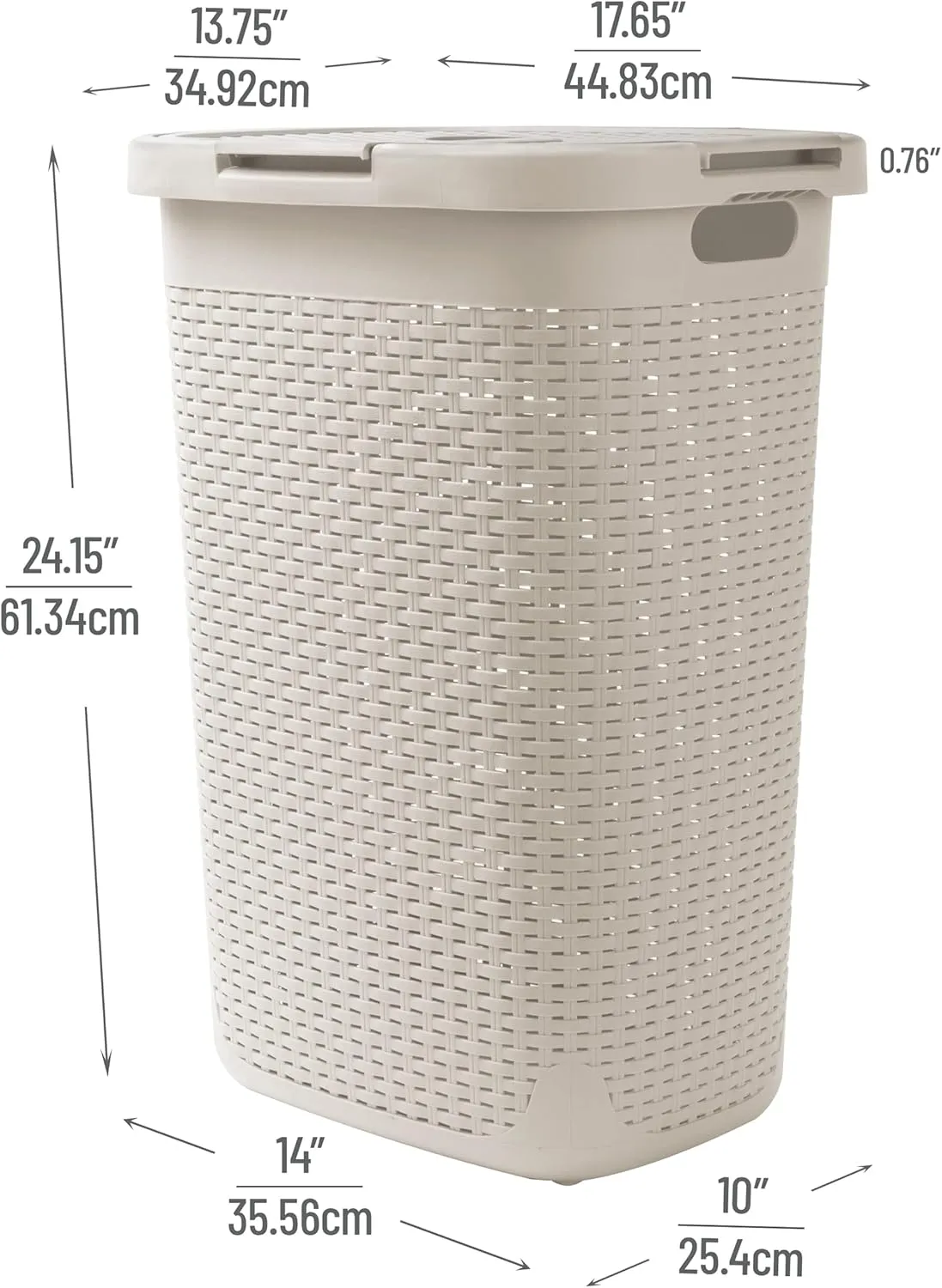 Mind Reader 60L Slim Laundry Hamper, Clothes Basket, Lid, Wicker Design, Plastic, 17.65"L x 13.75"W x 24.15"H, Ivory