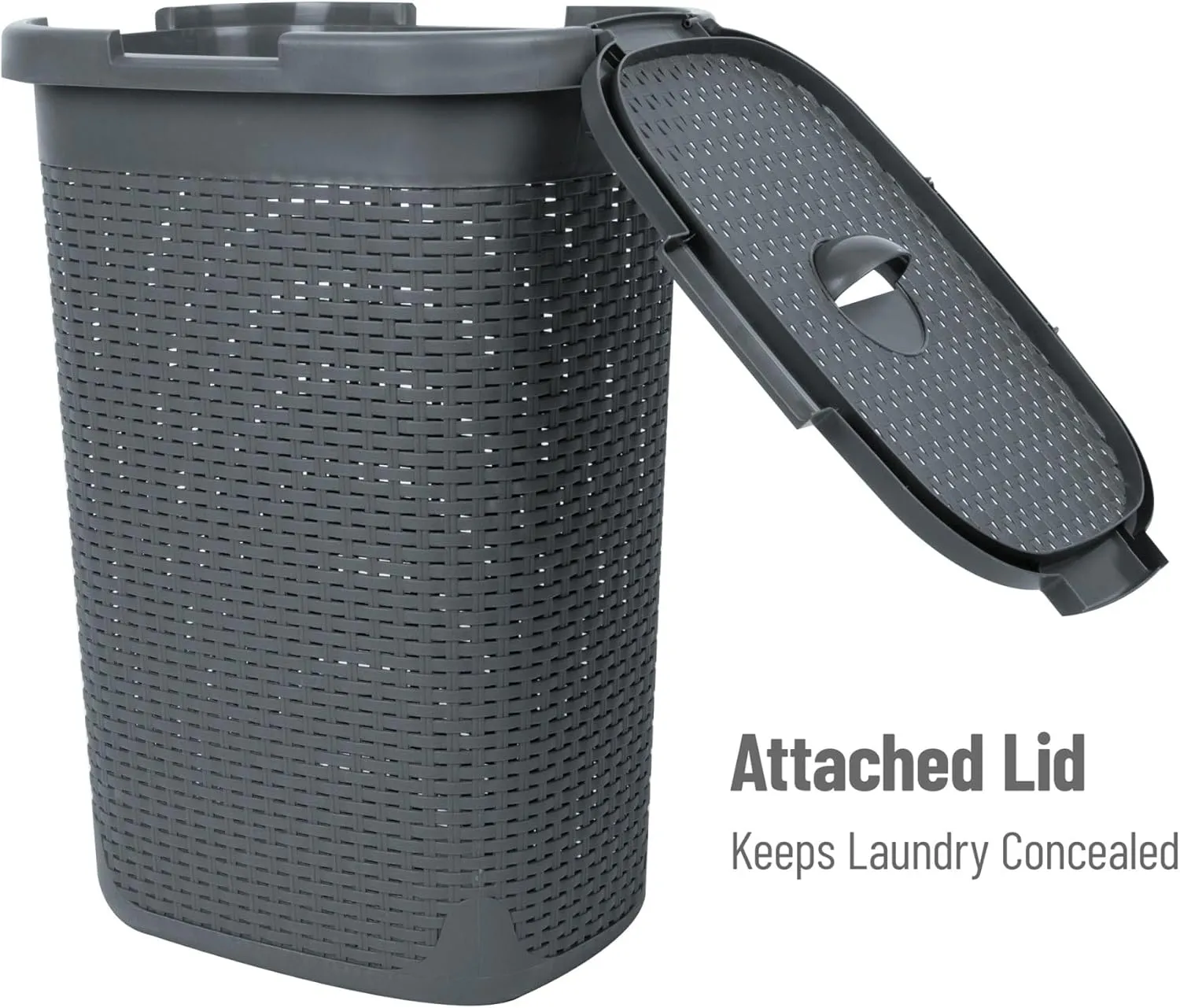 Mind Reader 60L Slim Laundry Hamper, Clothes Basket, Lid, Wicker Style, Plastic, 17.65"L x 13.75"W x 24.15"H, Set of 2, Gray