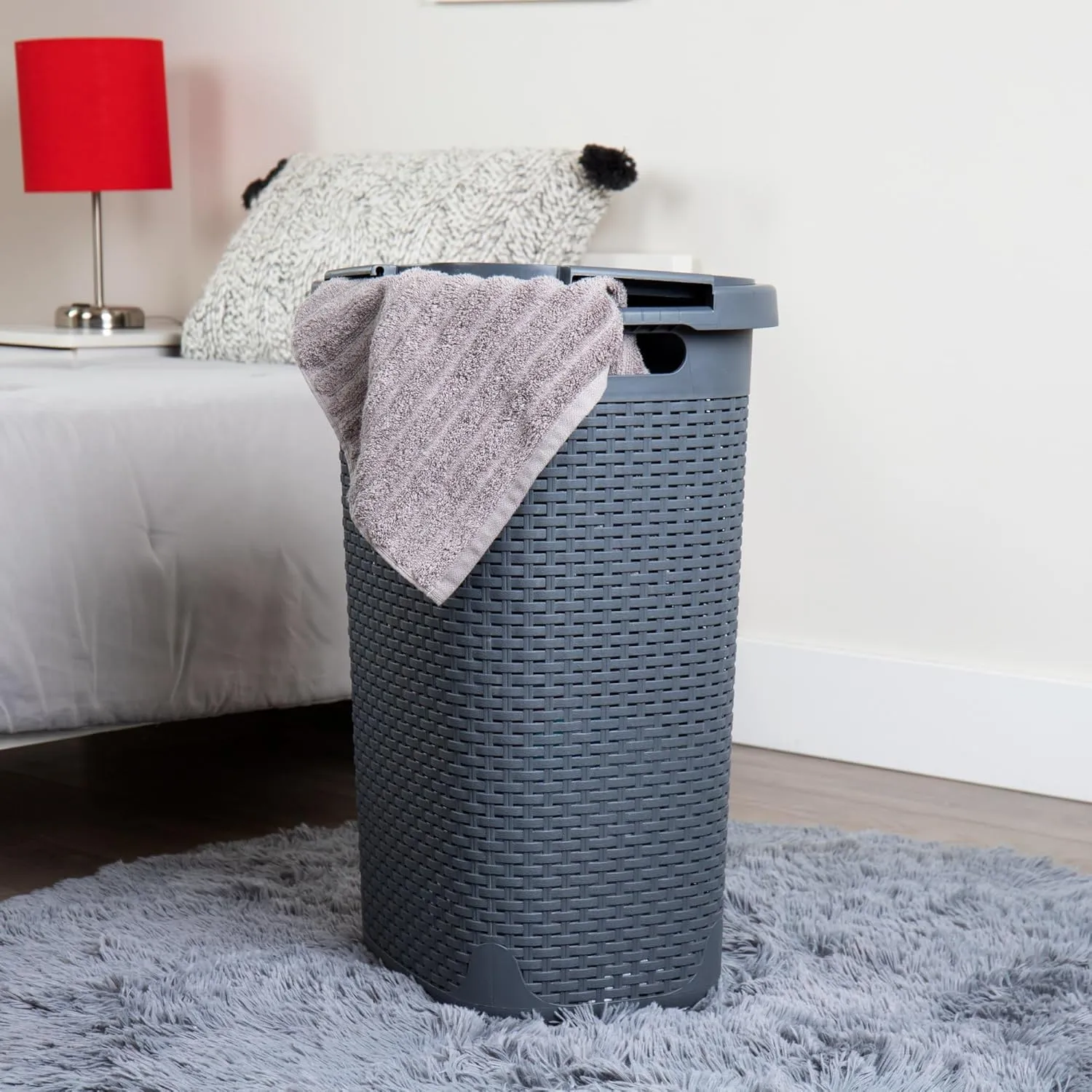 Mind Reader 60L Slim Laundry Hamper, Clothes Basket, Lid, Wicker Style, Plastic, 17.65"L x 13.75"W x 24.15"H, Set of 2, Gray