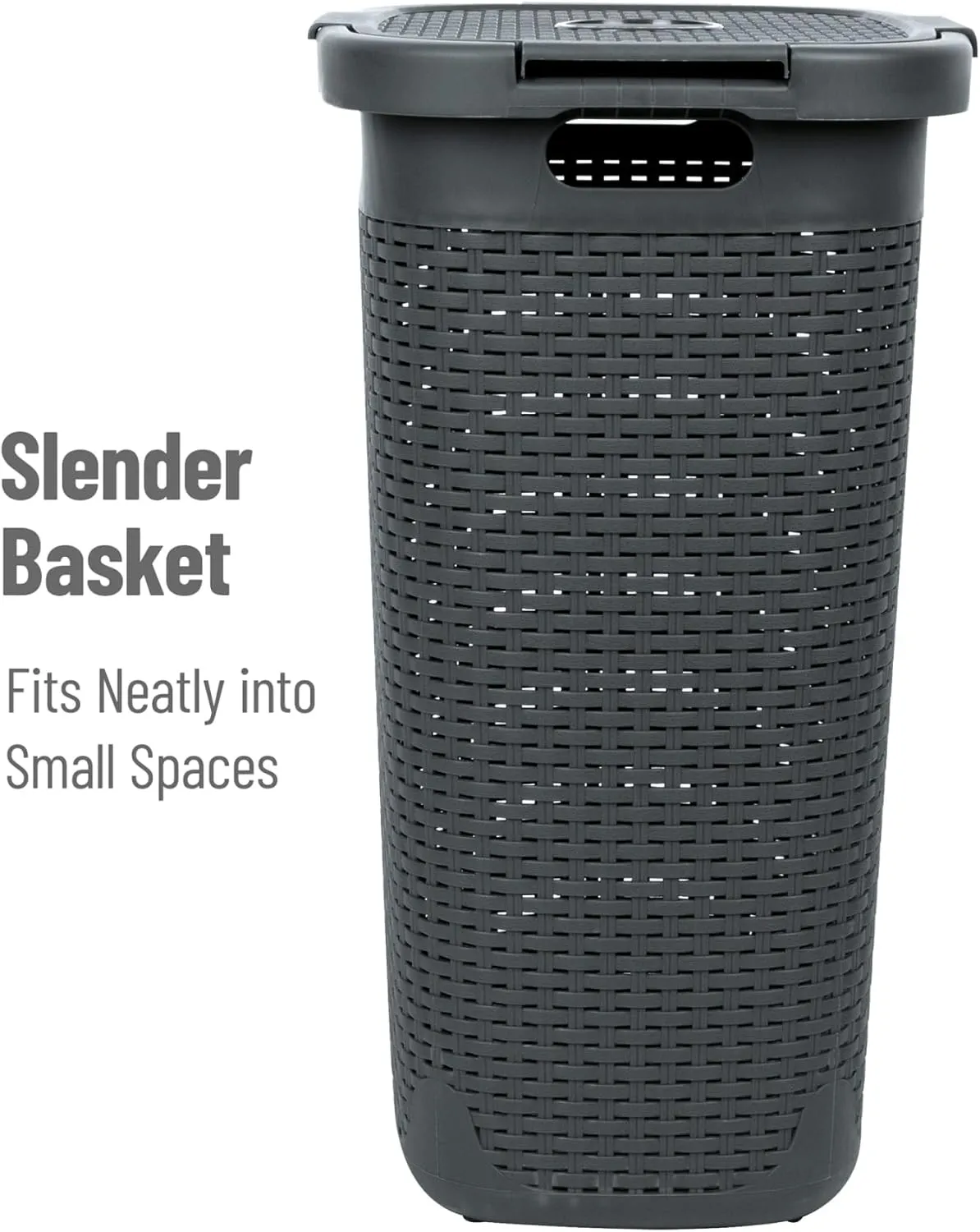 Mind Reader 60L Slim Laundry Hamper, Clothes Basket, Lid, Wicker Style, Plastic, 17.65"L x 13.75"W x 24.15"H, Set of 2, Gray