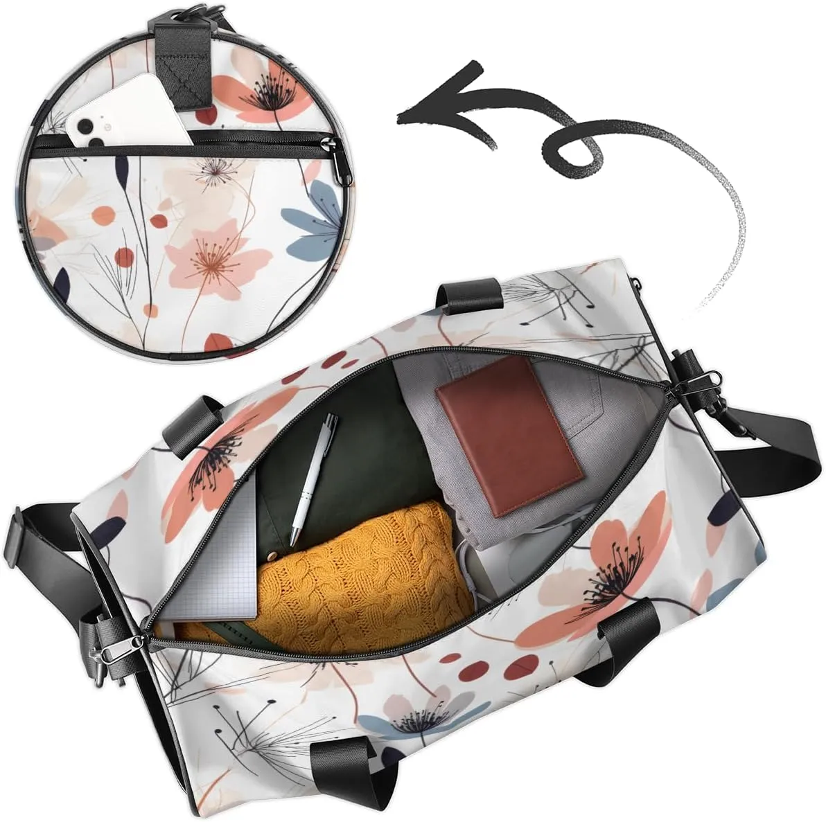 Minimalist Meadow Floral Sports Duffel Bag with Shoulder Strap, Large Capacity Gym Bag with Shoe Compartment, Water Resistant Travel Duffle Bag for Men Women Travel, Sports (17.6x9x9 Inch)