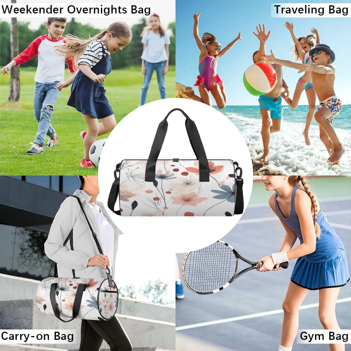 Minimalist Meadow Floral Sports Duffel Bag with Shoulder Strap, Large Capacity Gym Bag with Shoe Compartment, Water Resistant Travel Duffle Bag for Men Women Travel, Sports (17.6x9x9 Inch)