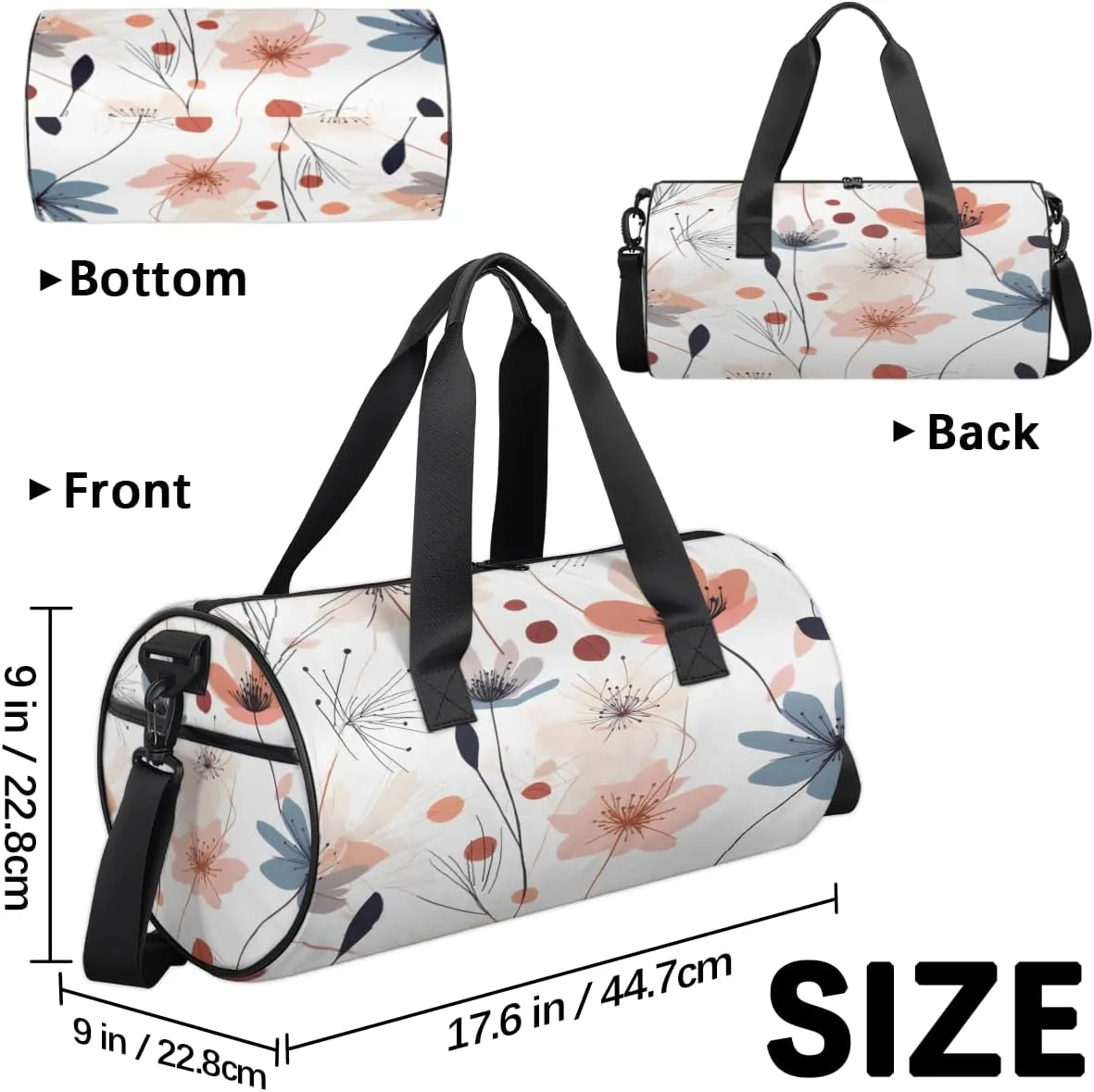 Minimalist Meadow Floral Sports Duffel Bag with Shoulder Strap, Large Capacity Gym Bag with Shoe Compartment, Water Resistant Travel Duffle Bag for Men Women Travel, Sports (17.6x9x9 Inch)