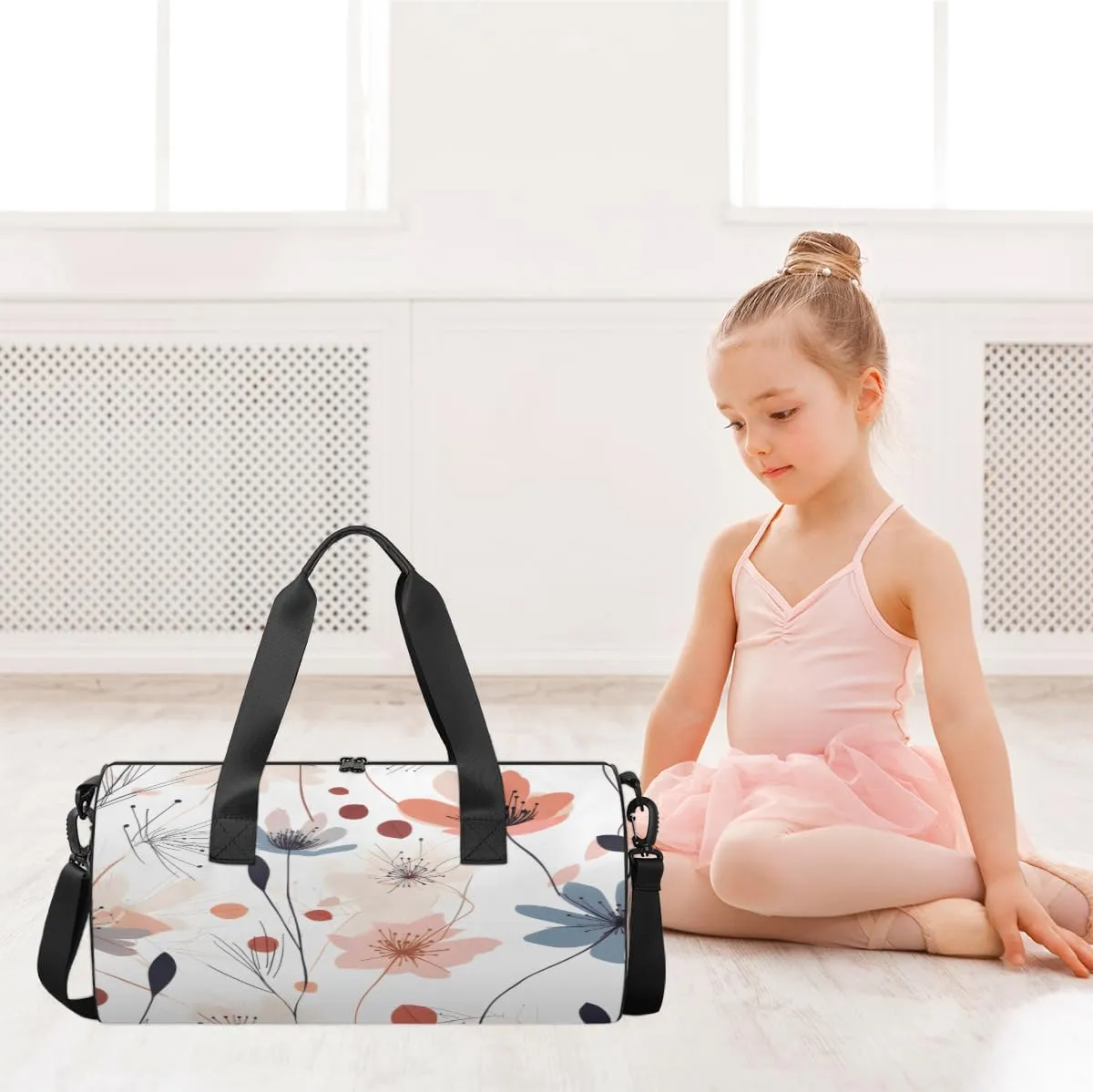 Minimalist Meadow Floral Sports Duffel Bag with Shoulder Strap, Large Capacity Gym Bag with Shoe Compartment, Water Resistant Travel Duffle Bag for Men Women Travel, Sports (17.6x9x9 Inch)