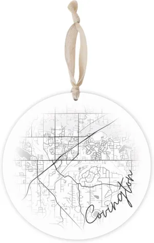 Minimalistic B&W Washington Covington Circle Map, Joyride Home Decor, Joyride Home Décor Ornament, 8 Inch Wooden, Round Ornament with Jute Ribbon, Christmas Decor, Home Decor, Artist Designed.