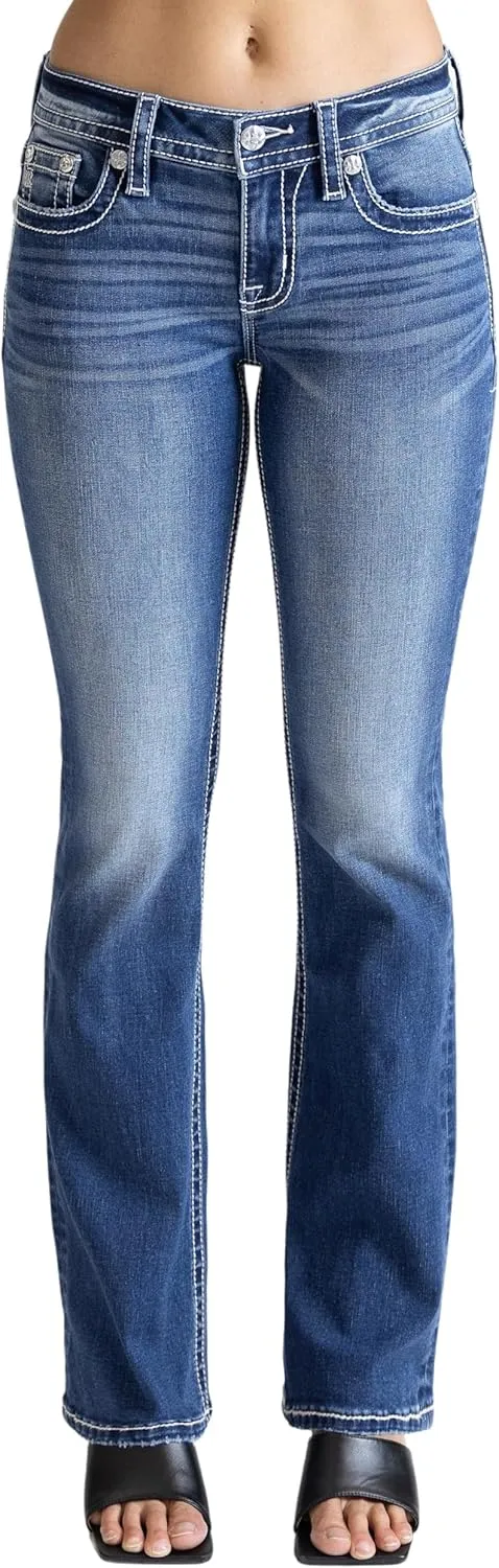 Miss Me Women's Golden V Wings Faux Flap Pockets Mid-Rise Bootcut Jeans