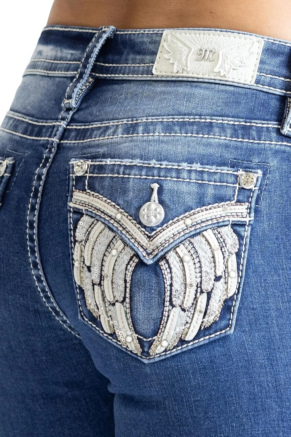 Miss Me Women's Golden V Wings Faux Flap Pockets Mid-Rise Bootcut Jeans