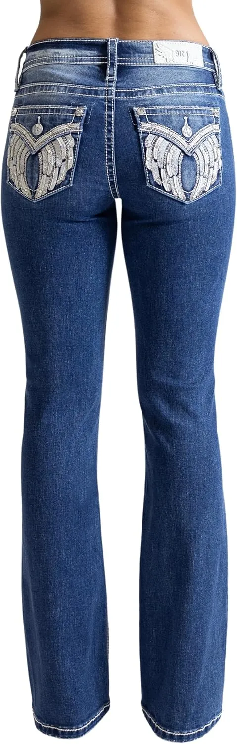 Miss Me Women's Golden V Wings Faux Flap Pockets Mid-Rise Bootcut Jeans
