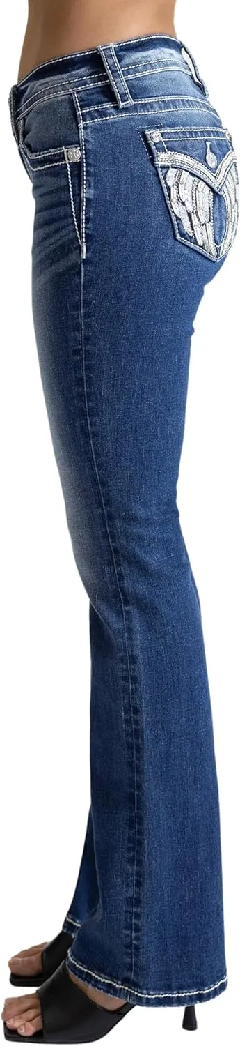 Miss Me Women's Golden V Wings Faux Flap Pockets Mid-Rise Bootcut Jeans