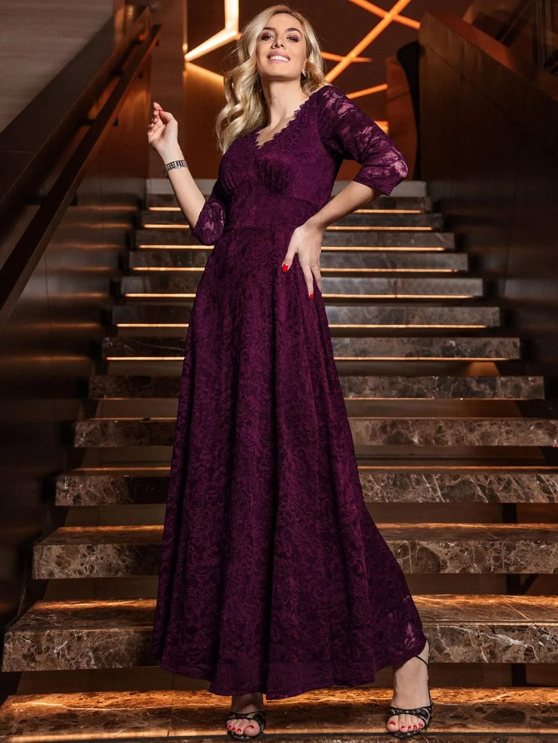 MISSMAY Women's Formal Floral Lace 2/3 Sleeves Bridesmaid Party Maxi Dress