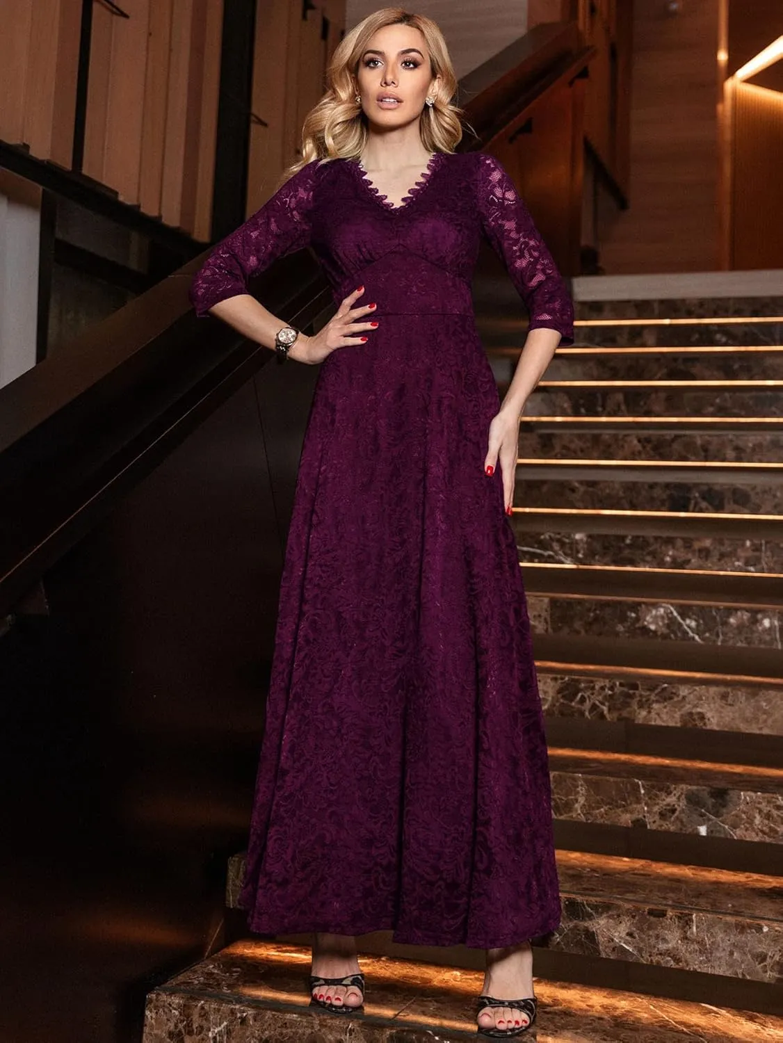 MISSMAY Women's Formal Floral Lace 2/3 Sleeves Bridesmaid Party Maxi Dress