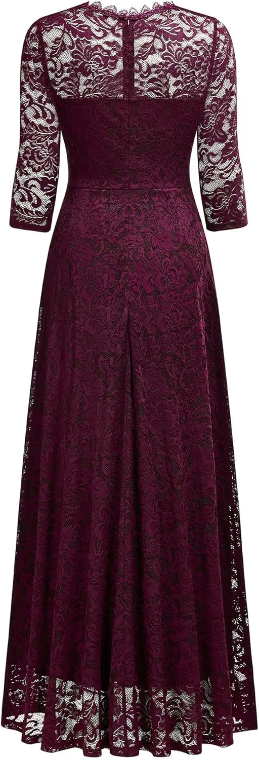 MISSMAY Women's Formal Floral Lace 2/3 Sleeves Bridesmaid Party Maxi Dress