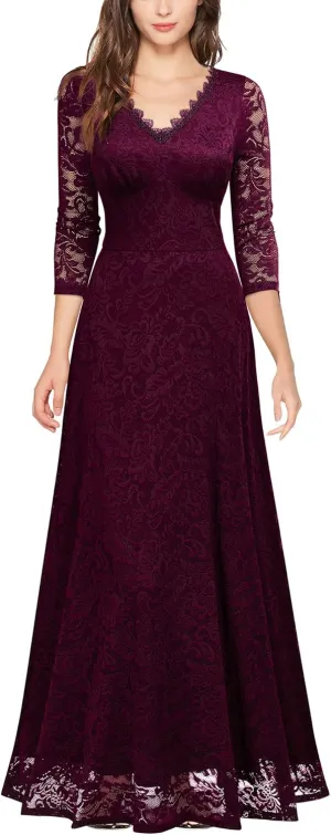MISSMAY Women's Formal Floral Lace 2/3 Sleeves Bridesmaid Party Maxi Dress