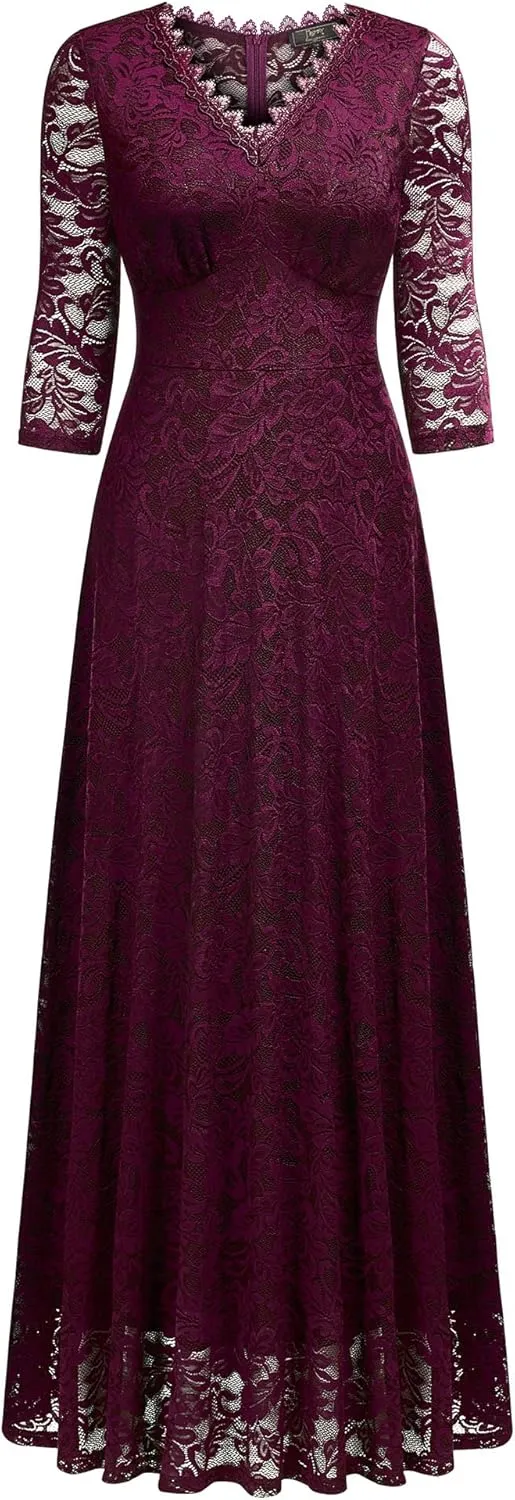 MISSMAY Women's Formal Floral Lace 2/3 Sleeves Bridesmaid Party Maxi Dress