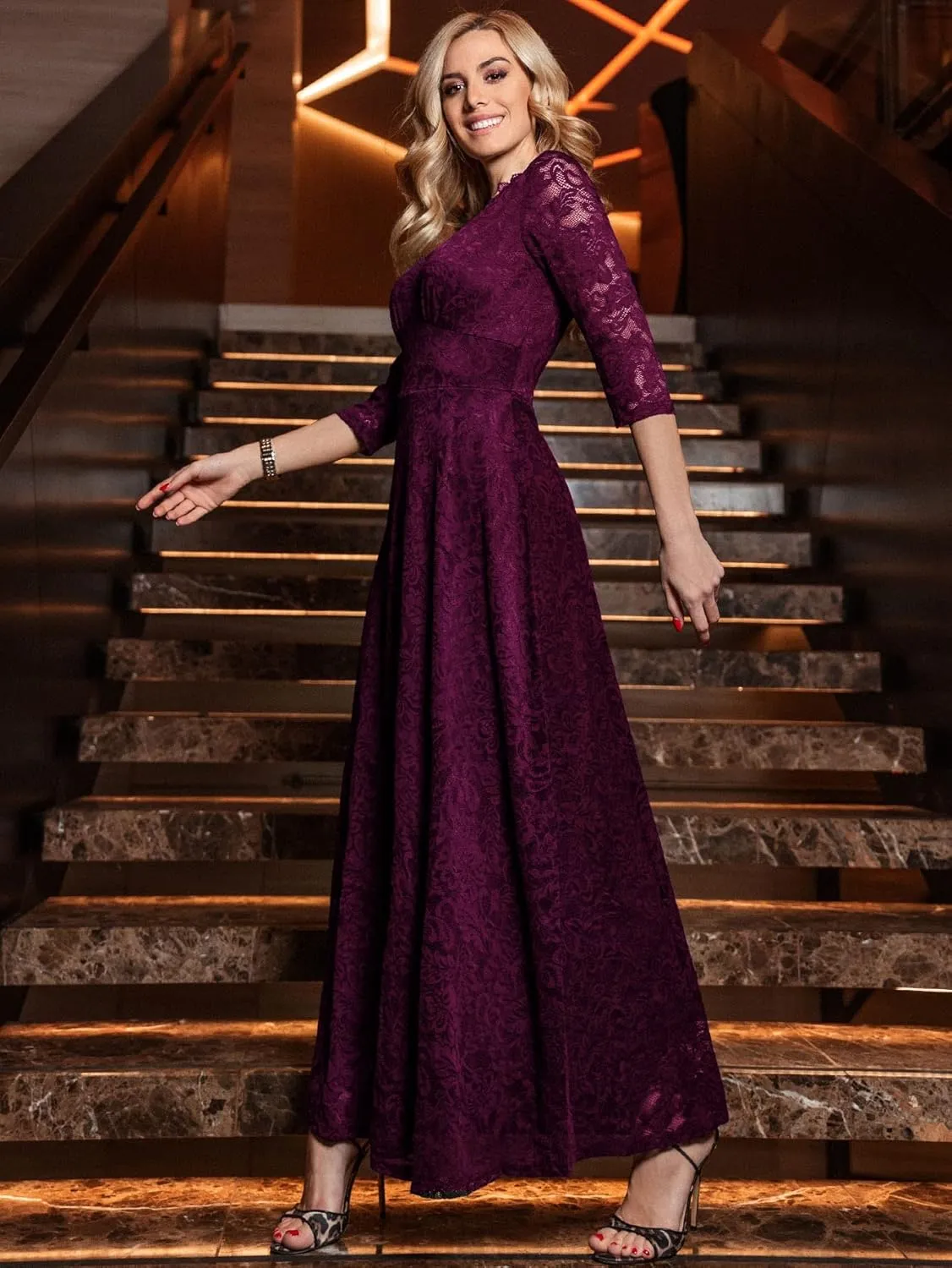 MISSMAY Women's Formal Floral Lace 2/3 Sleeves Bridesmaid Party Maxi Dress