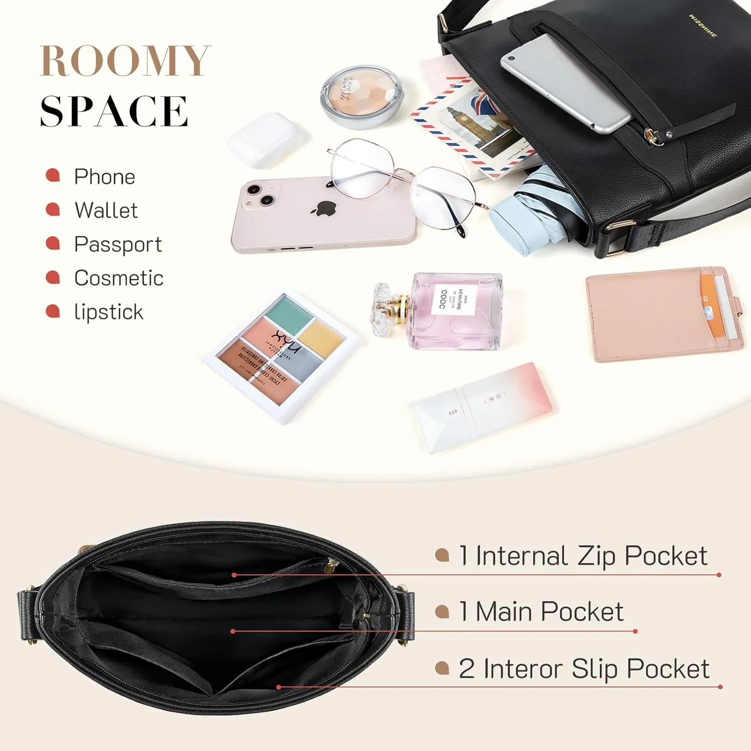 Missnine Crossbody Bags for Women Multi Pocket Purses Soft Leather Medium Shoulder Handbags with Adjustable Strap