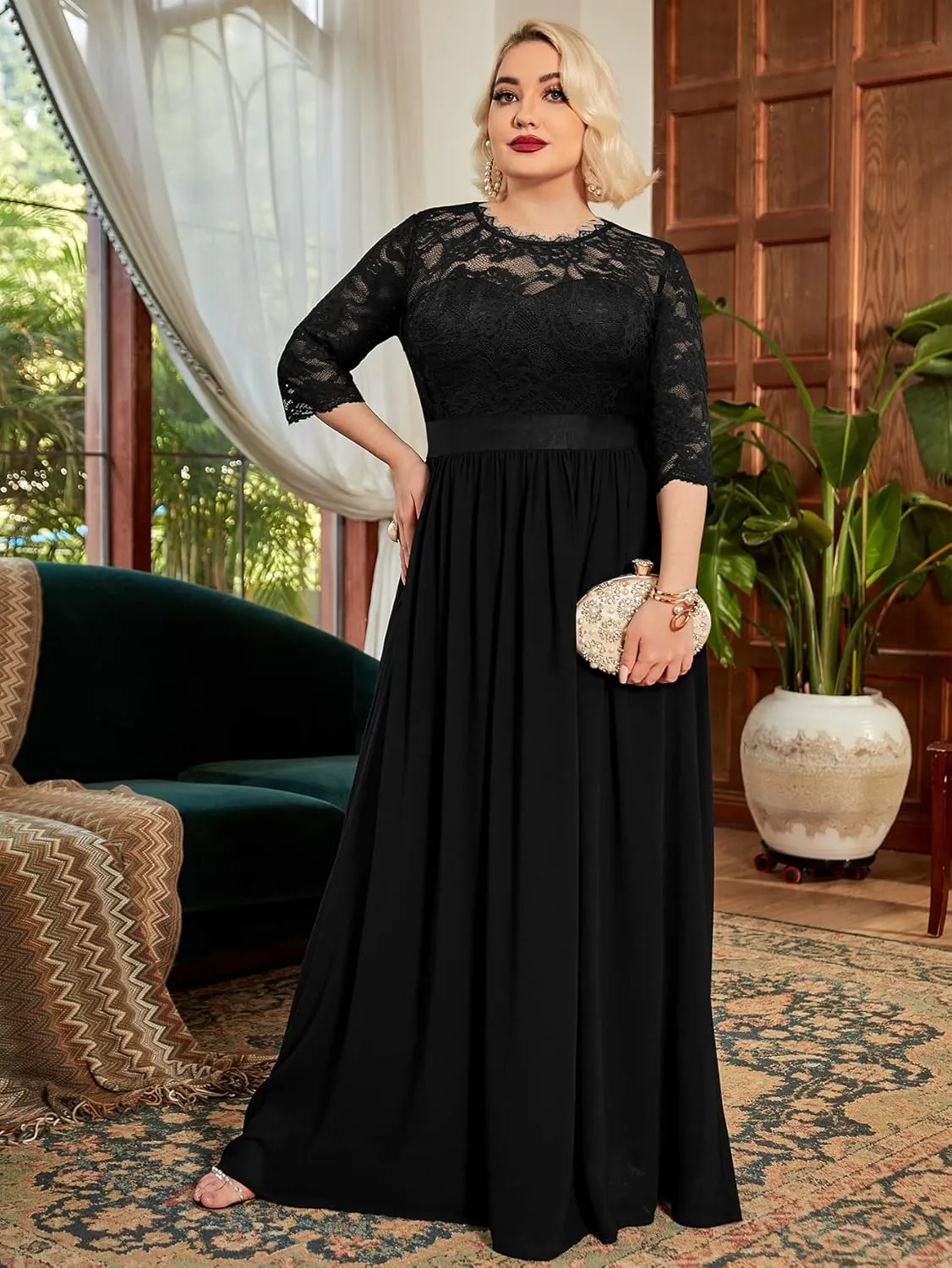 Miusol Women's Formal Floral Lace Plus Size Wedding Maxi Dress