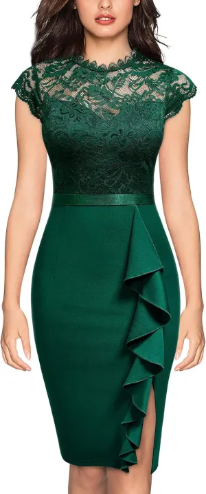 Miusol Women's Retro Floral Lace Ruffle Style Cocktail Mini Dress