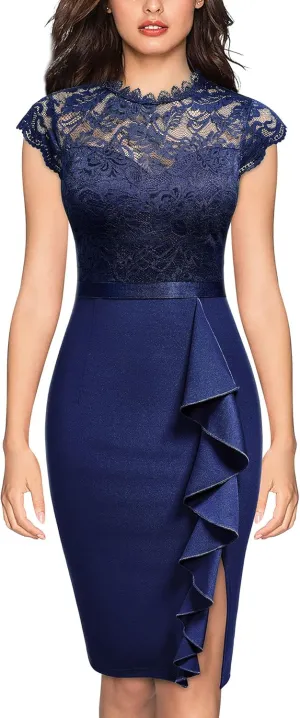 Miusol Women's Retro Floral Lace Ruffle Style Cocktail Mini Dress