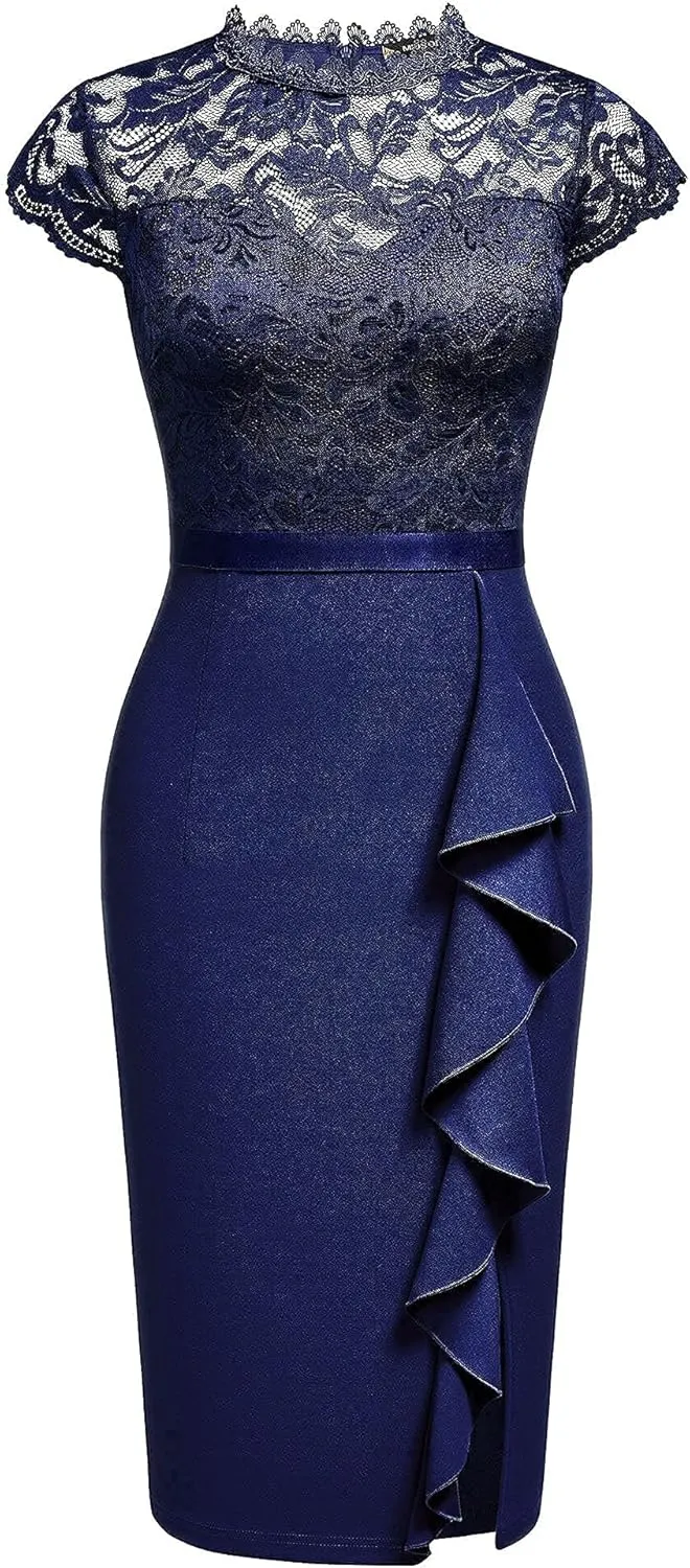 Miusol Women's Retro Floral Lace Ruffle Style Cocktail Mini Dress