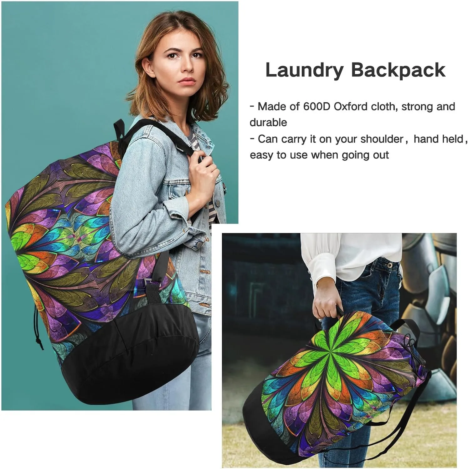 MNSRUU Washable Laundry Bag Backpack Large Dirty Clothes Bag with Adjustable Shoulder Strap Handles, Peacock Butterfly Design Extra Laundry Heavy Duty Drawstring Bag for Travel College Grey Camping