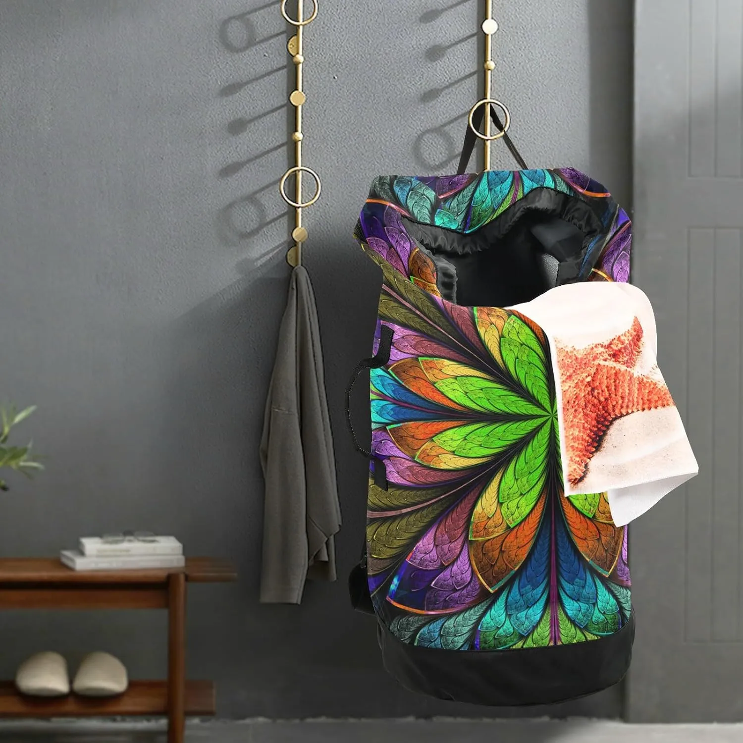 MNSRUU Washable Laundry Bag Backpack Large Dirty Clothes Bag with Adjustable Shoulder Strap Handles, Peacock Butterfly Design Extra Laundry Heavy Duty Drawstring Bag for Travel College Grey Camping