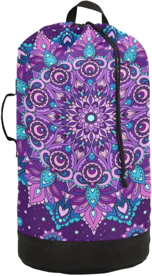 MNSRUU Washable Laundry Bag Backpack Large Dirty Clothes Bag with Adjustable Shoulder Strap Handles, Purple Mandala Extra Laundry Heavy Duty Drawstring Bag for Travel College Grey Camping