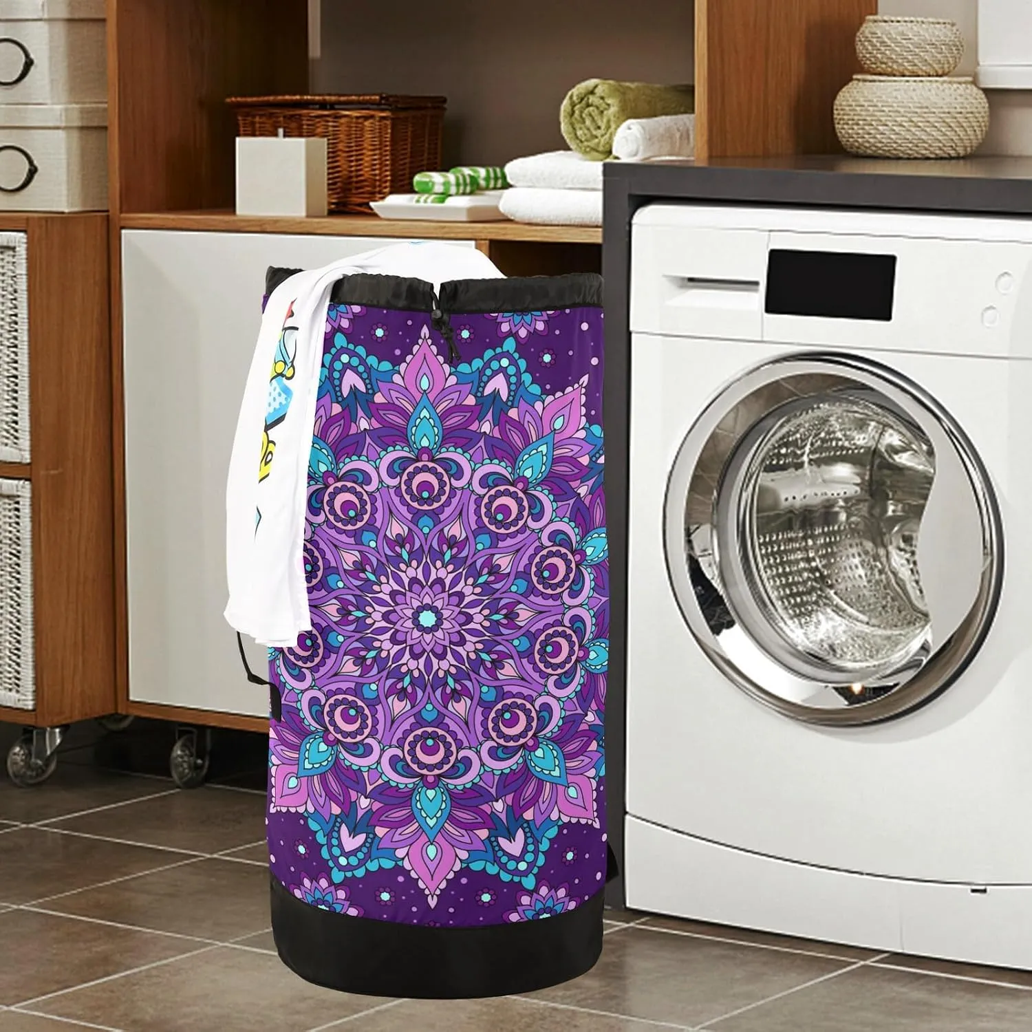 MNSRUU Washable Laundry Bag Backpack Large Dirty Clothes Bag with Adjustable Shoulder Strap Handles, Purple Mandala Extra Laundry Heavy Duty Drawstring Bag for Travel College Grey Camping
