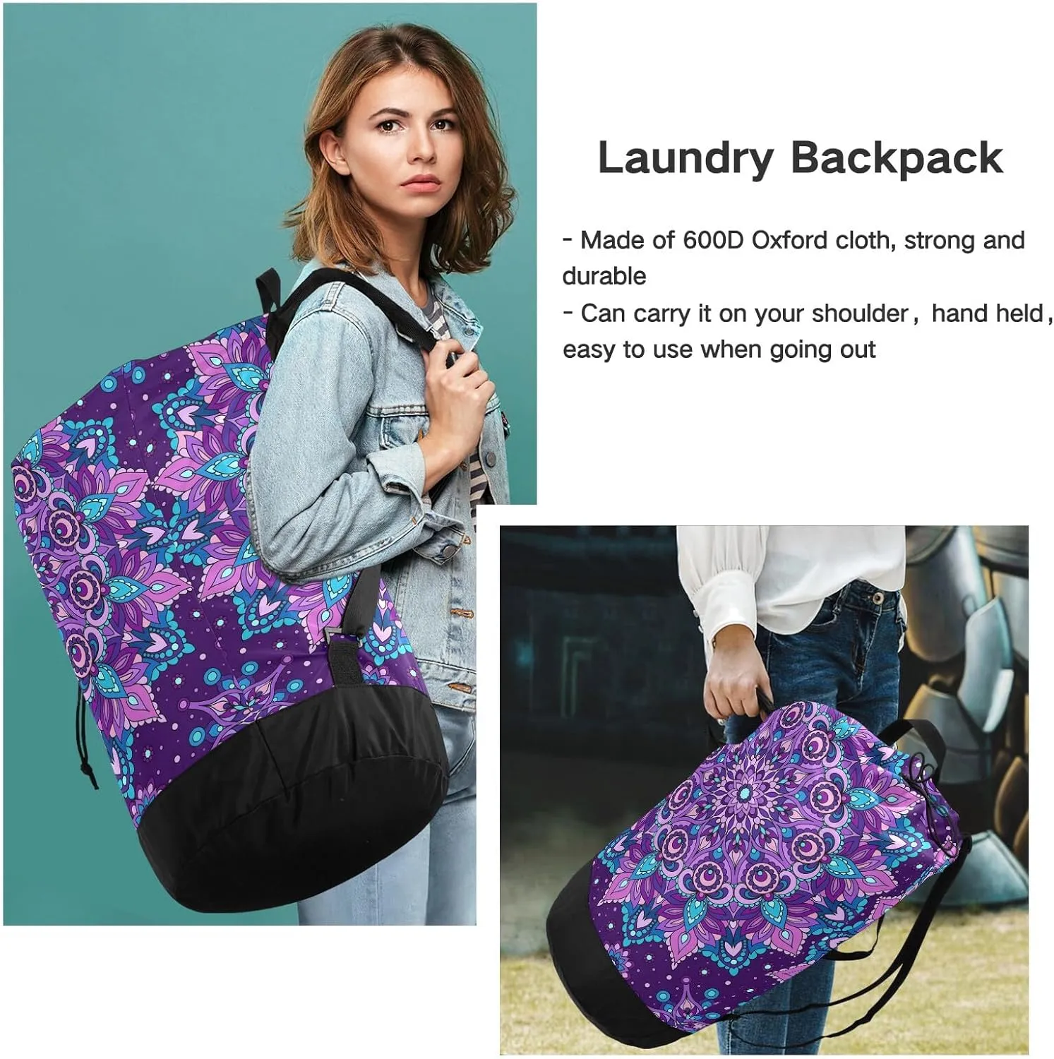 MNSRUU Washable Laundry Bag Backpack Large Dirty Clothes Bag with Adjustable Shoulder Strap Handles, Purple Mandala Extra Laundry Heavy Duty Drawstring Bag for Travel College Grey Camping
