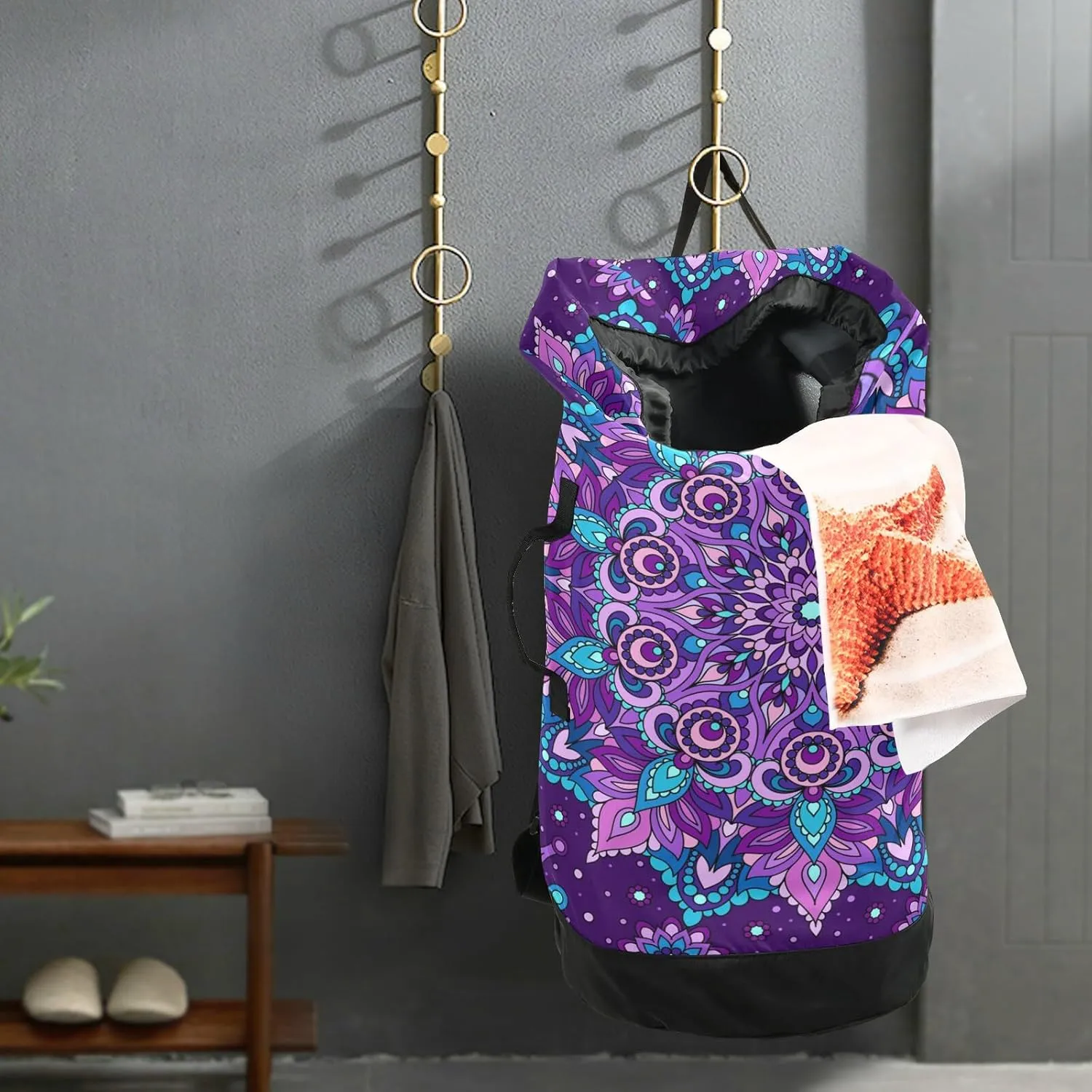 MNSRUU Washable Laundry Bag Backpack Large Dirty Clothes Bag with Adjustable Shoulder Strap Handles, Purple Mandala Extra Laundry Heavy Duty Drawstring Bag for Travel College Grey Camping