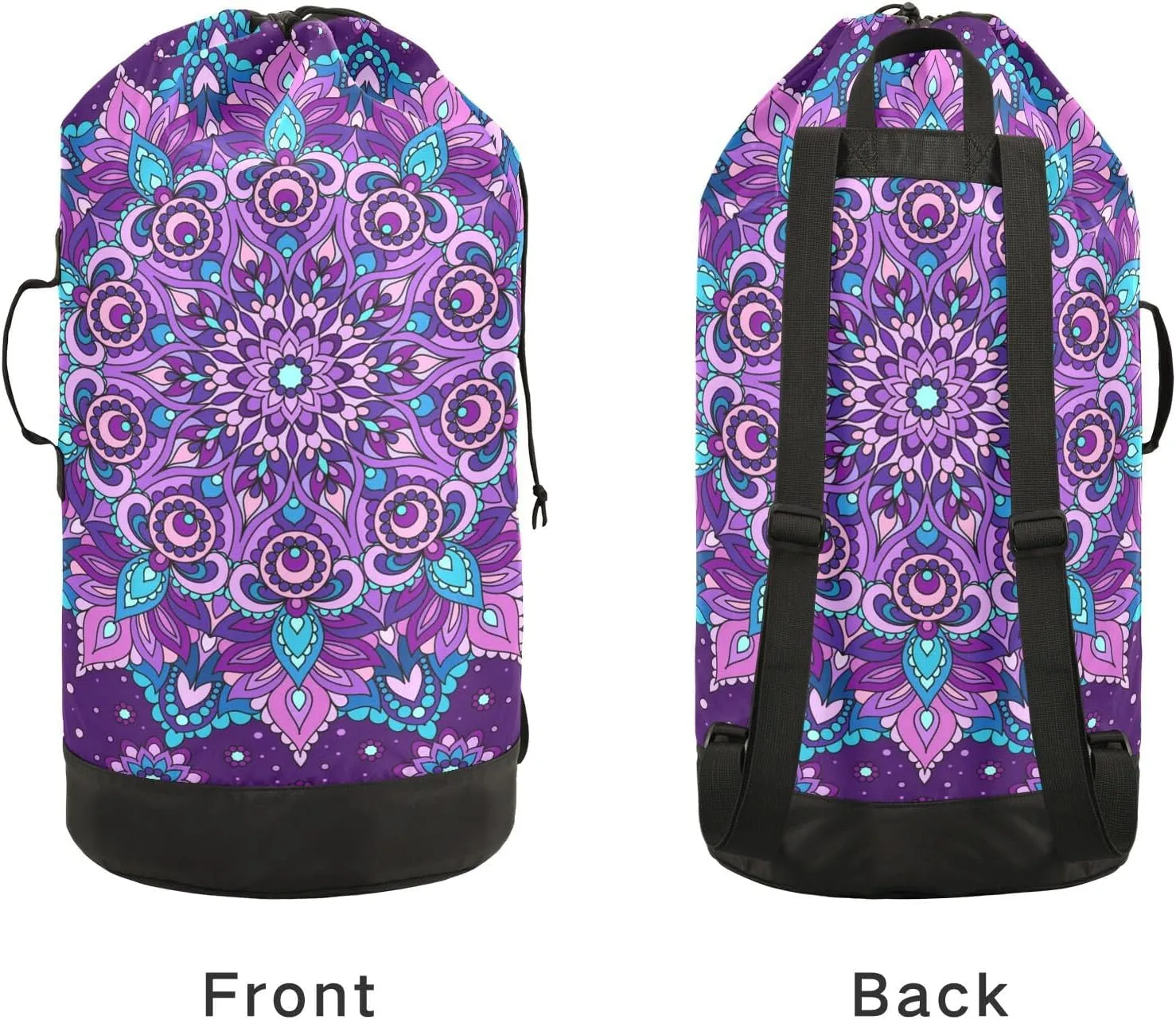 MNSRUU Washable Laundry Bag Backpack Large Dirty Clothes Bag with Adjustable Shoulder Strap Handles, Purple Mandala Extra Laundry Heavy Duty Drawstring Bag for Travel College Grey Camping