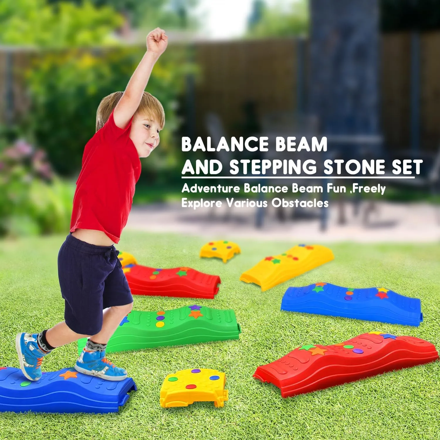 MOCUTEEN Kids Balance Beam Toddler Stepping Stones Max Load 220LBS Non-Slip Textured Surface & Rubber Pads Bottom Promote Agility Coordination Five Star Pattern