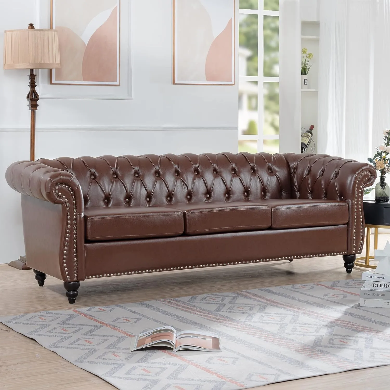 Modern Chesterfield Sofa Three Seater Couch,Faux Leather Couch with Rolled Arms,Comfy Couches for Living Room,Office,Reception Room(Brown)