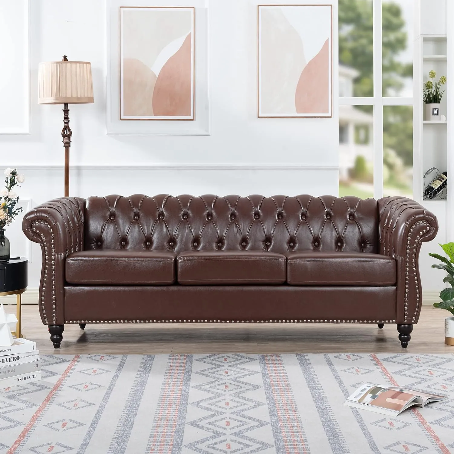 Modern Chesterfield Sofa Three Seater Couch,Faux Leather Couch with Rolled Arms,Comfy Couches for Living Room,Office,Reception Room(Brown)