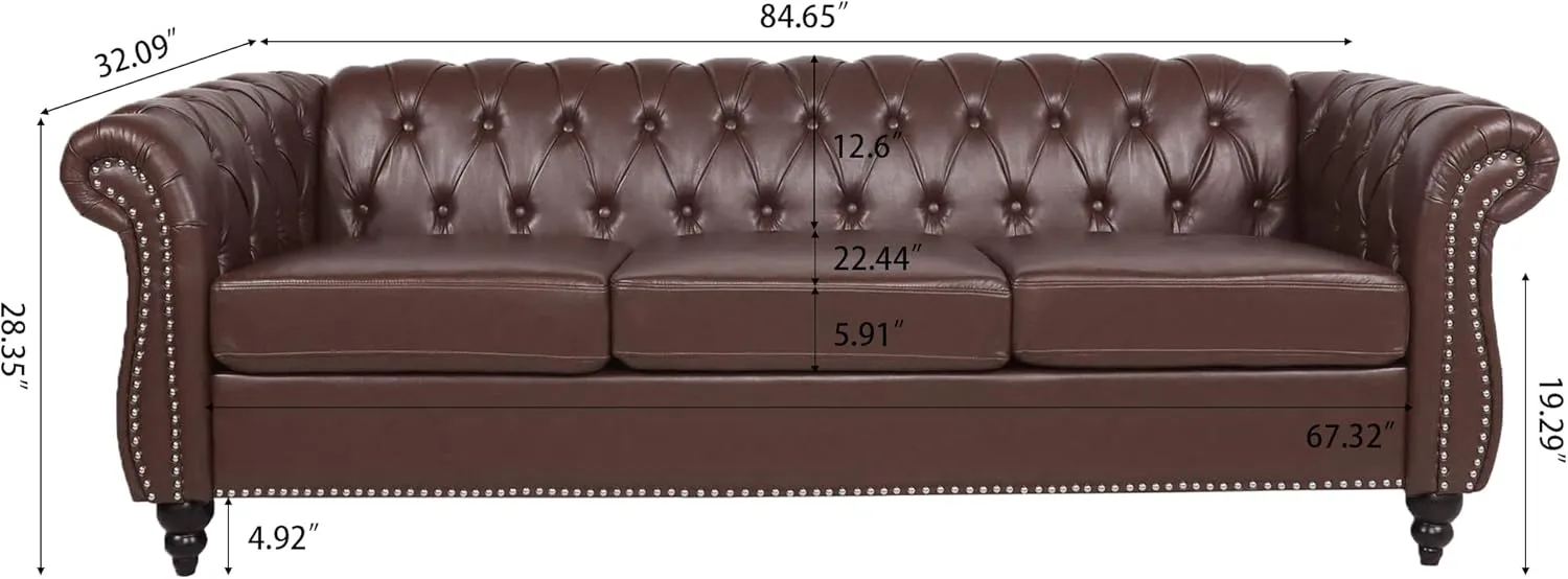 Modern Chesterfield Sofa Three Seater Couch,Faux Leather Couch with Rolled Arms,Comfy Couches for Living Room,Office,Reception Room(Brown)