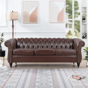 Modern Chesterfield Sofa Three Seater Couch,Faux Leather Couch with Rolled Arms,Comfy Couches for Living Room,Office,Reception Room(Brown)