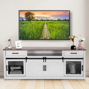 Modern Farmhouse TV Stand for 75 Inches TVs, 70" Wood Sliding Barn Door Media TV Console Table with Adjustable Storage Shelf, Open Storage for Living Room Bedroom