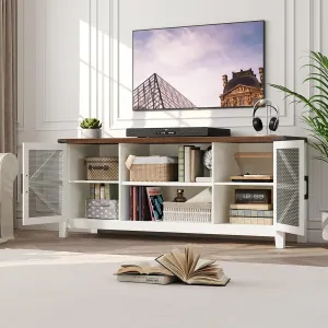 Modern Farmhouse Tv Stand for TVs up to 70 Inch, 63 Inch Entertainment Center with Iron Mesh Door & 2 Adjustable Shelves, Media TV Console Table for Living Room, White