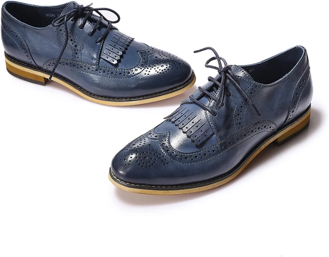 Mona flying Women's Handcrafted Wingtip Oxfords Brogue Vintage Lace up Leather Shoes for Ladies