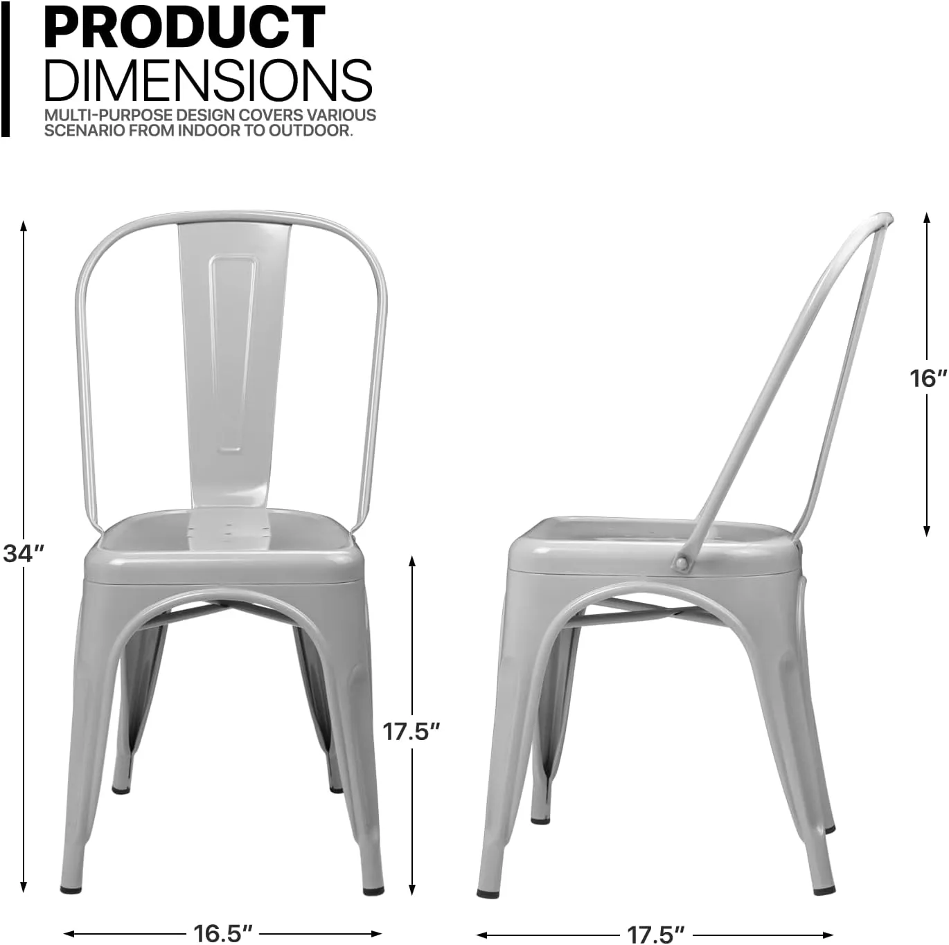 MoNiBloom Metal Dining Chair, Set of 4 Chic Indoor-Outdoor Stackable Commercial Chairs for Kitchen Café Restaurant Patio, Gray