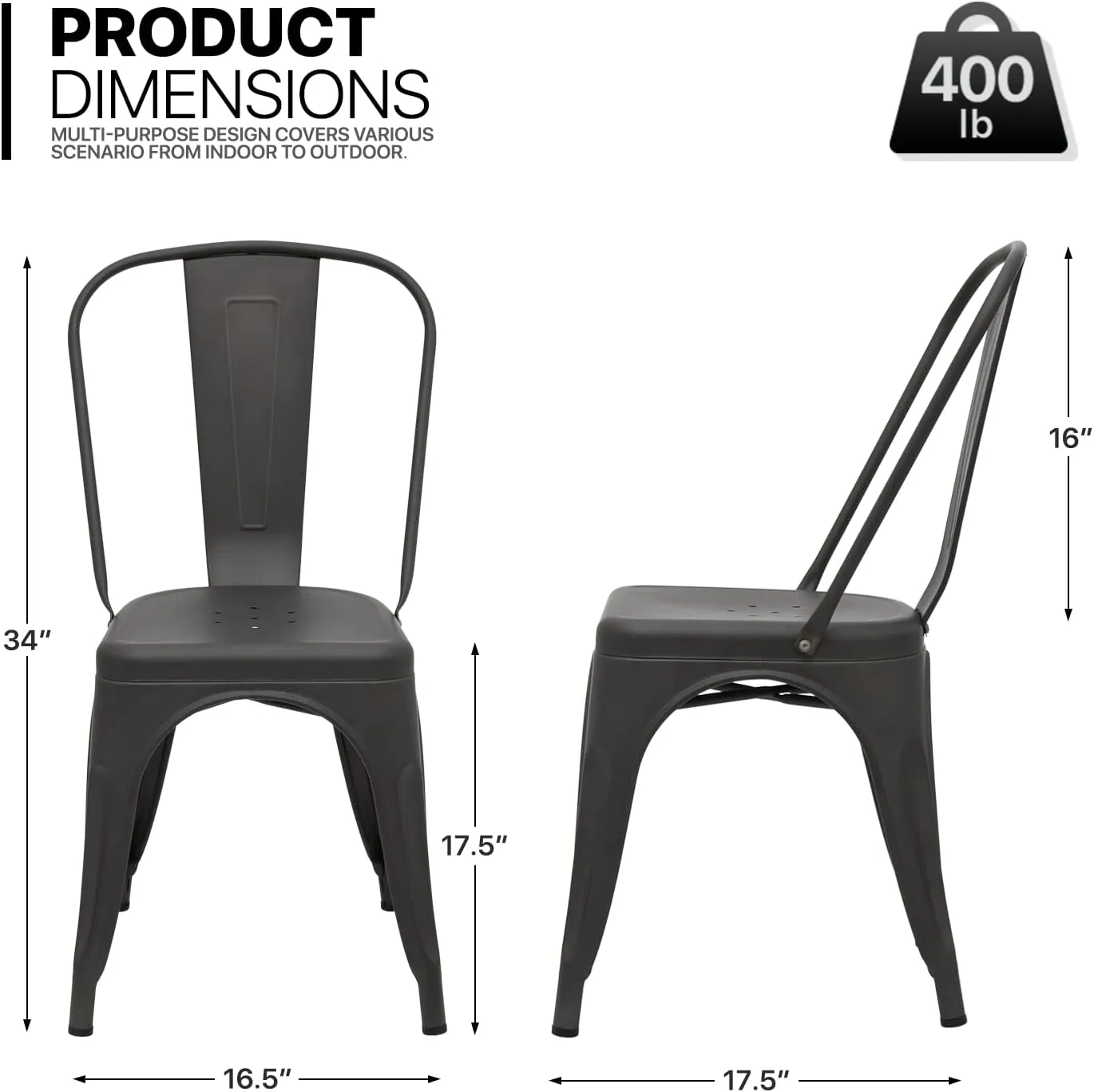 MoNiBloom Metal Dining Chair Set of 4 Stackable Indoor 17.5" Seat Height Bar Chairs with Back Outdoor Side Metal Kitchen Chairs for Bistro Cafe Side Restaurant Use, Gunmetal