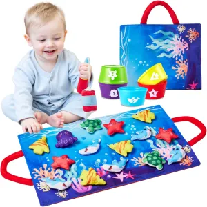 Montessori Toys for 1 Year Old: 10 In 1 Cloth Fishing Game Set with 5 Diverse Fish, 23pcs Stacking Toy Educational Learning Toy for 1 2 3 Years Old Toddler Toys Baby Boys Girls Birthday Gifts