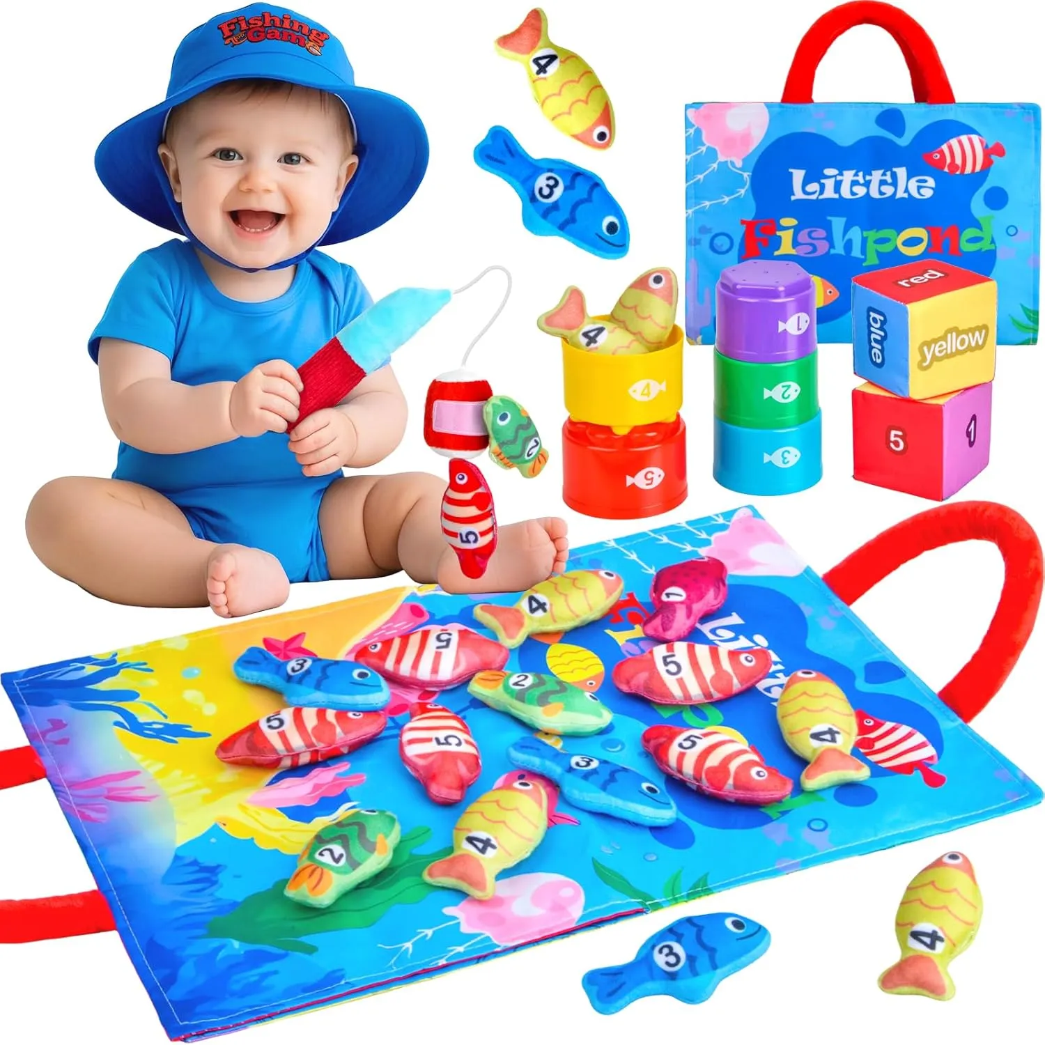 Montessori Toys for 1 Year Old, Cloth Fishing Game with Stacking Cups 24 Pcs for Toddlers 1 2 3, Sensory Toys for Kids Baby Shower Birthday Easter Gifts for 6-12 Months Girls Boys