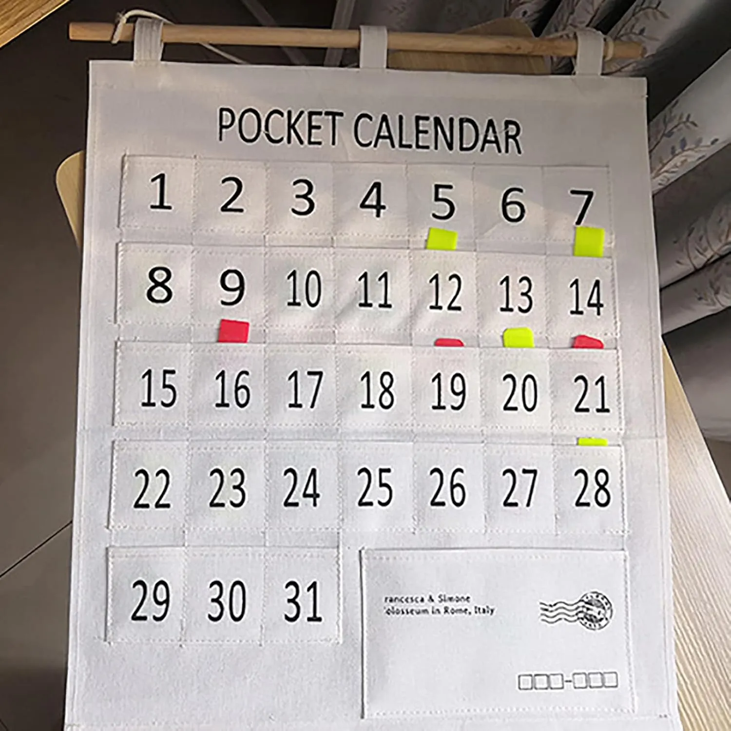 Monthly Calendar Pocket, Practical Phones Calendar Pocket Chart, Cotton and Linen Morning Check Classroom Pocket with Chart Calendar, Wall Hanging Organizer for Classroom Bedroom (Large 31 Pockets)